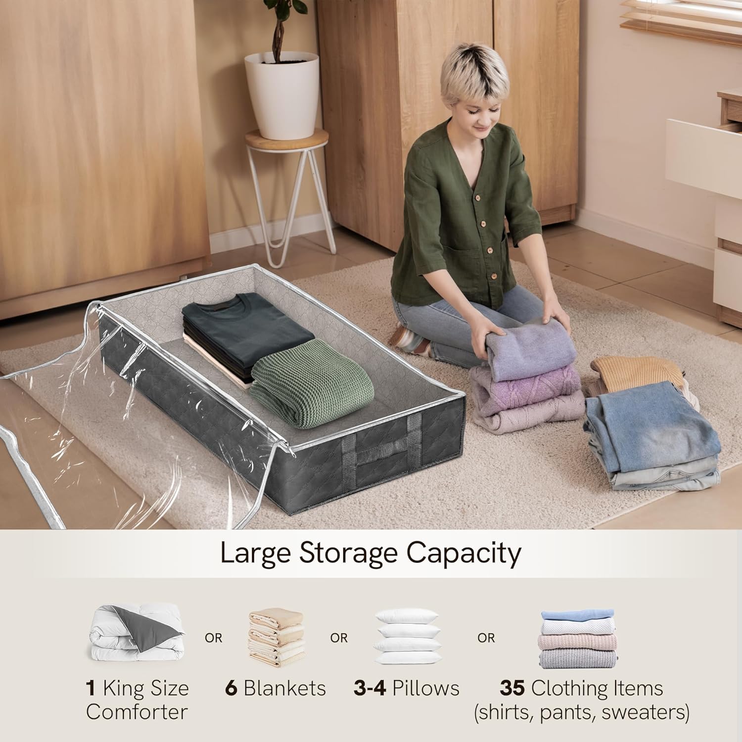 Reli. 90L Under Bed Storage Containers (8 Pack) | Closet Organizer with Clear Window | Underbed Storage Bins for Towels, Sweaters, Linens | Large Organizer for Closet (Gray) detail 10