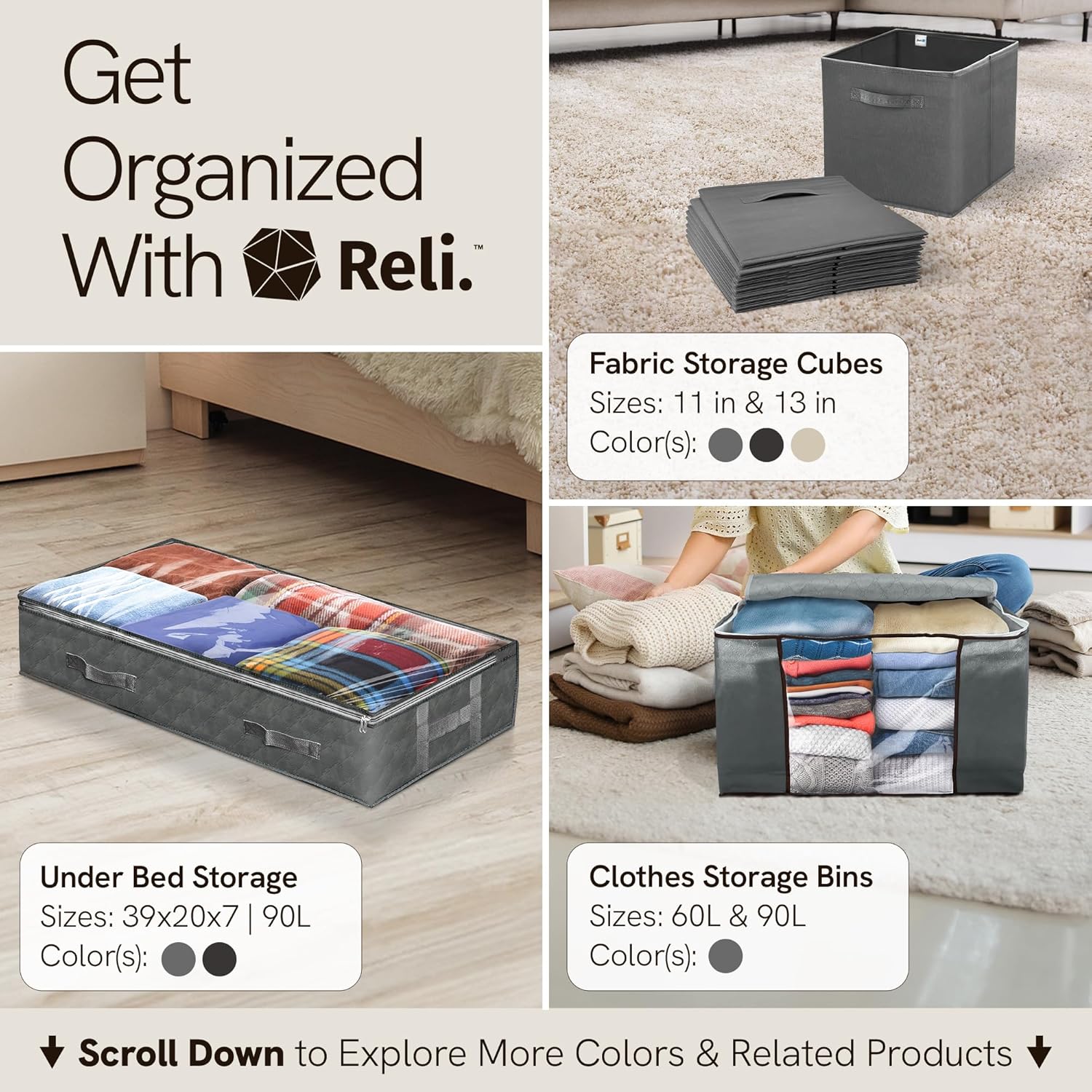Reli. 90L Under Bed Storage Containers (8 Pack) | Closet Organizer with Clear Window | Underbed Storage Bins for Towels, Sweaters, Linens | Large Organizer for Closet (Gray) detail 16