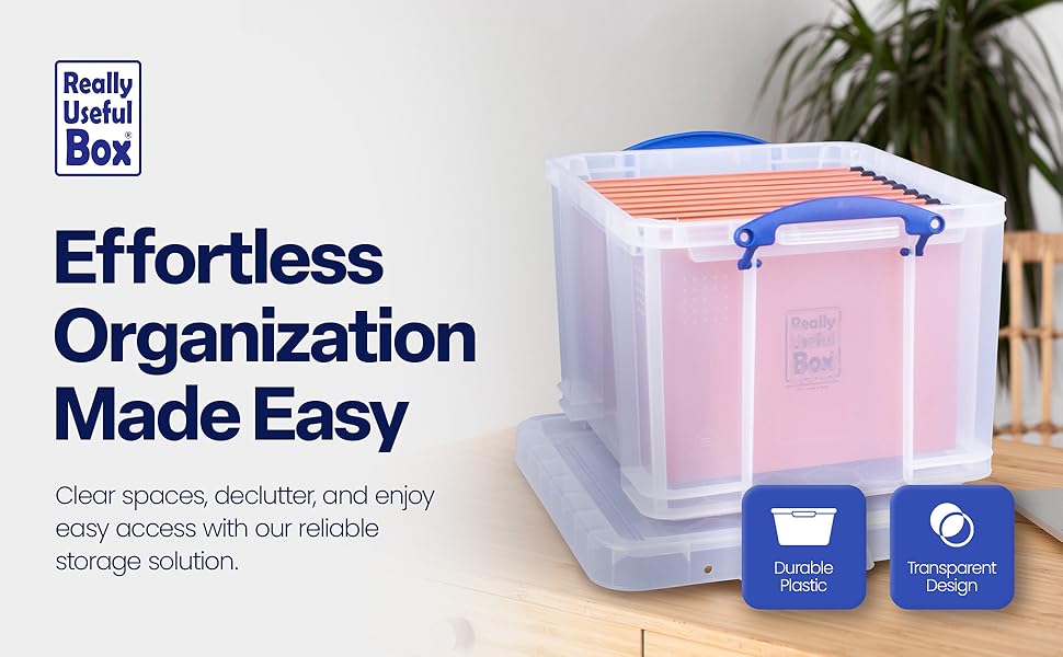 Really Useful Box 3-Pack Clear Stackable Storage Containers with Snap Lids, 32 Liters - Plastic Organizer Bins with Clip-Lock Handles for Home, Bedroom, Closet, Bathroom, Garage, and Office detail 1