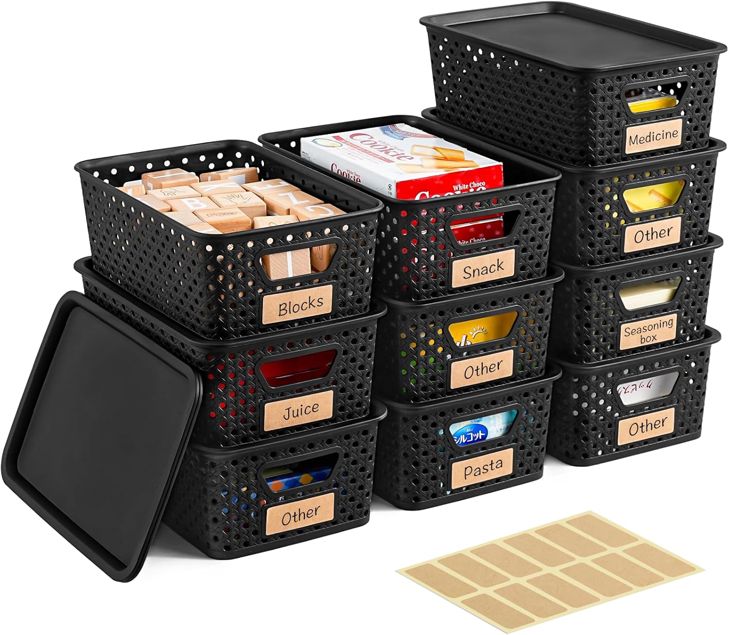 10 Pack Small Plastic Storage Bins with Lids, Stackable Plastic Storage Baskets for Organizing with Handles, Organizer Bins with Labels for Room, Craft, Containers for Pantry Organizers and Storage detail 13