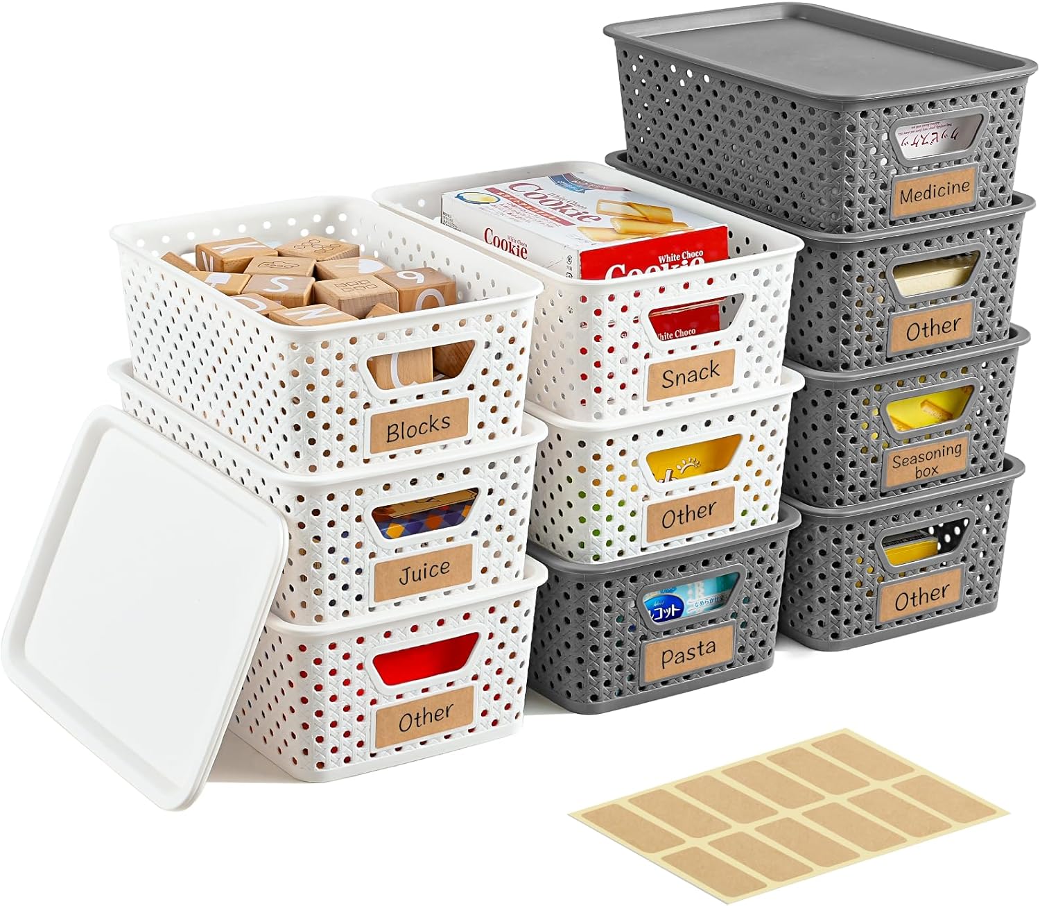 10 Pack Small Plastic Storage Bins with Lids, Stackable Plastic Storage Baskets for Organizing with Handles, Organizer Bins with Labels for Room, Craft, Containers for Pantry Organizers and Storage detail 14