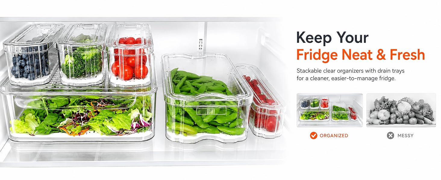 8 Pack Refrigerator Organizers, Clear Pull-out Drawer Container and Organizer Bins with Lids, Stackable Storage Containers for Fruits, Vegetable (Set of 8 (Include Pull Out Drawer)) detail 1