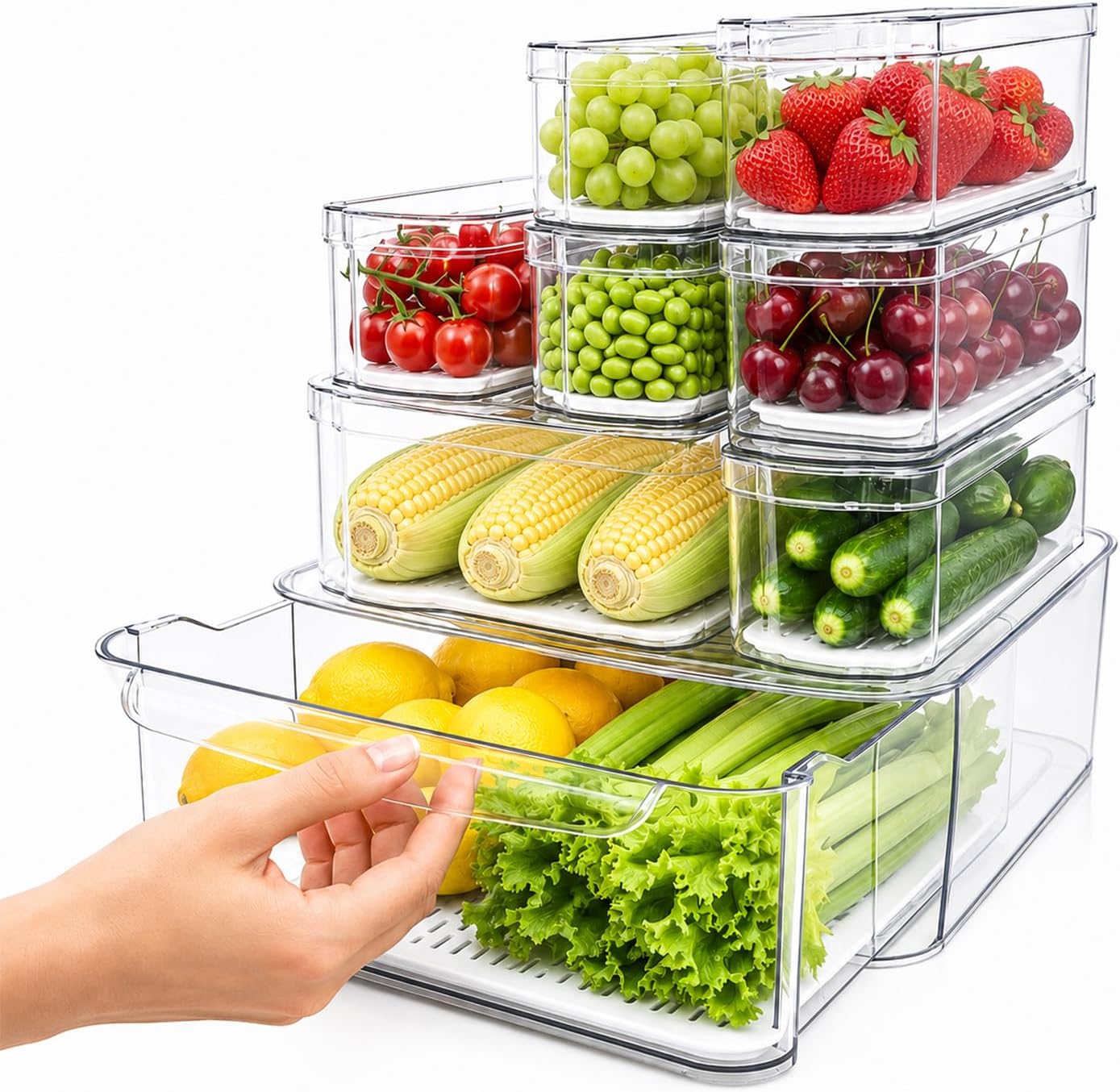 8 Pack Refrigerator Organizers, Clear Pull-out Drawer Container and Organizer Bins with Lids, Stackable Storage Containers for Fruits, Vegetable (Set of 8 (Include Pull Out Drawer)) detail 8