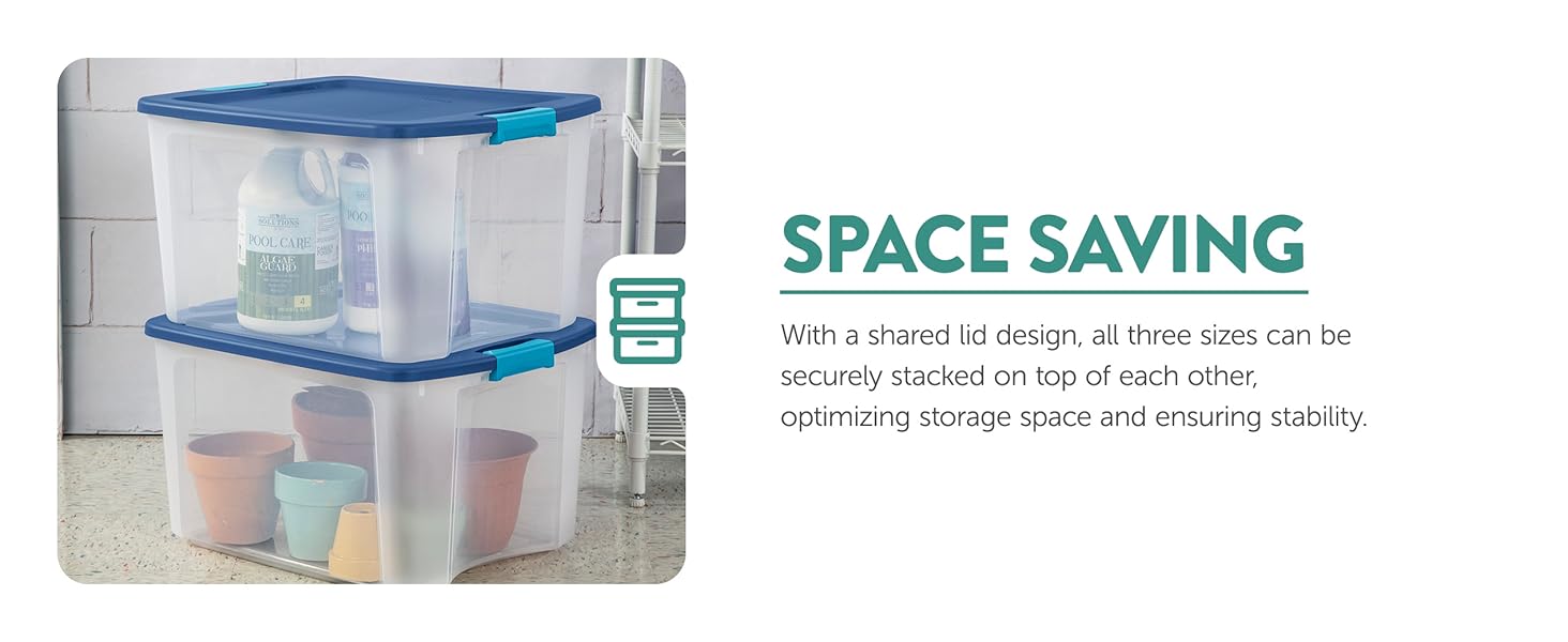 Sterilite 18 Gal Latch and Carry, Stackable Storage Bin with Latching Lid, Plastic Container to Organize Closets, Clear with Blue, 6-Pack detail 4