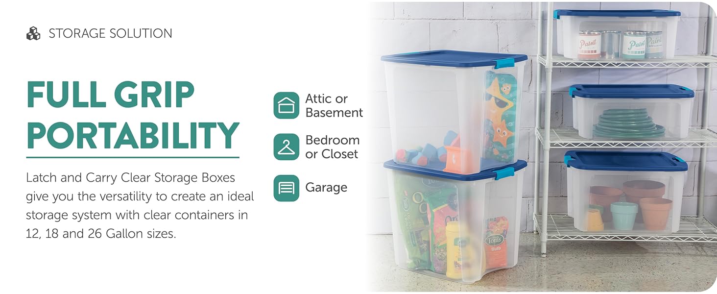 Sterilite 18 Gal Latch and Carry, Stackable Storage Bin with Latching Lid, Plastic Container to Organize Closets, Clear with Blue, 6-Pack detail 5