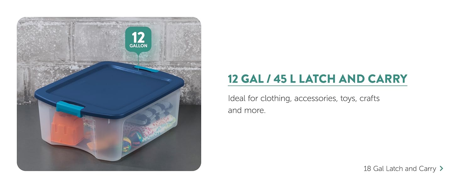 Sterilite 18 Gal Latch and Carry, Stackable Storage Bin with Latching Lid, Plastic Container to Organize Closets, Clear with Blue, 6-Pack detail 6