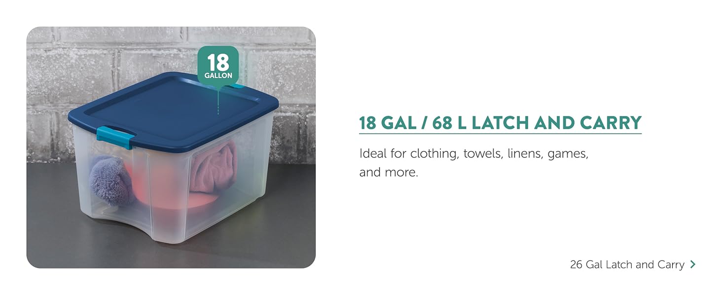 Sterilite 18 Gal Latch and Carry, Stackable Storage Bin with Latching Lid, Plastic Container to Organize Closets, Clear with Blue, 6-Pack detail 7