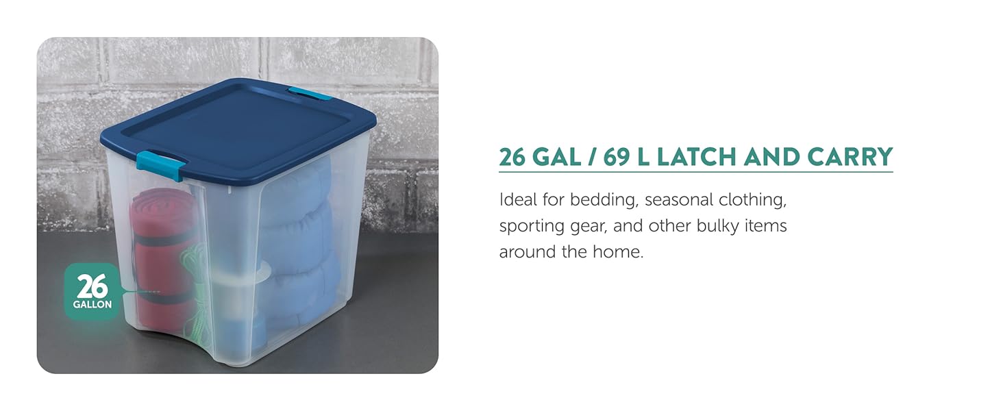 Sterilite 18 Gal Latch and Carry, Stackable Storage Bin with Latching Lid, Plastic Container to Organize Closets, Clear with Blue, 6-Pack detail 8