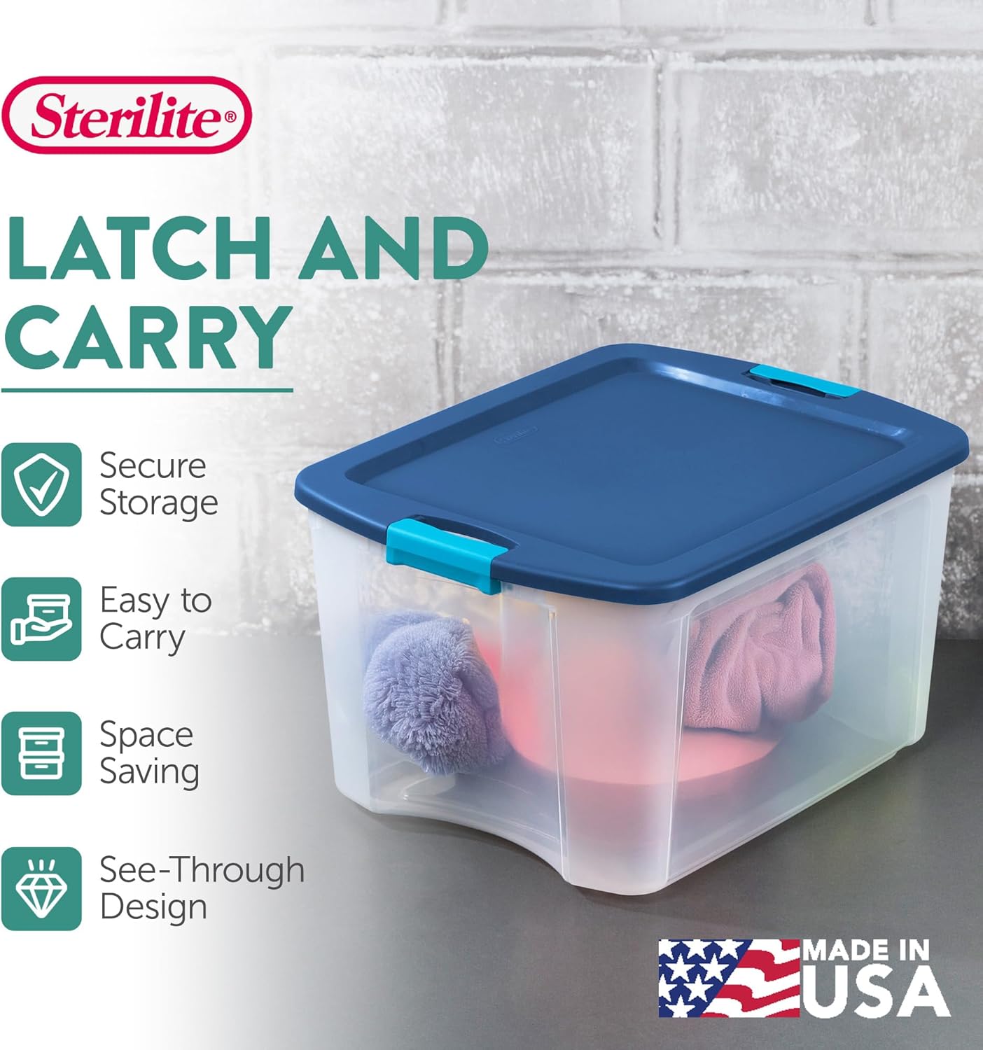 Sterilite 18 Gal Latch and Carry, Stackable Storage Bin with Latching Lid, Plastic Container to Organize Closets, Clear with Blue, 6-Pack detail 13