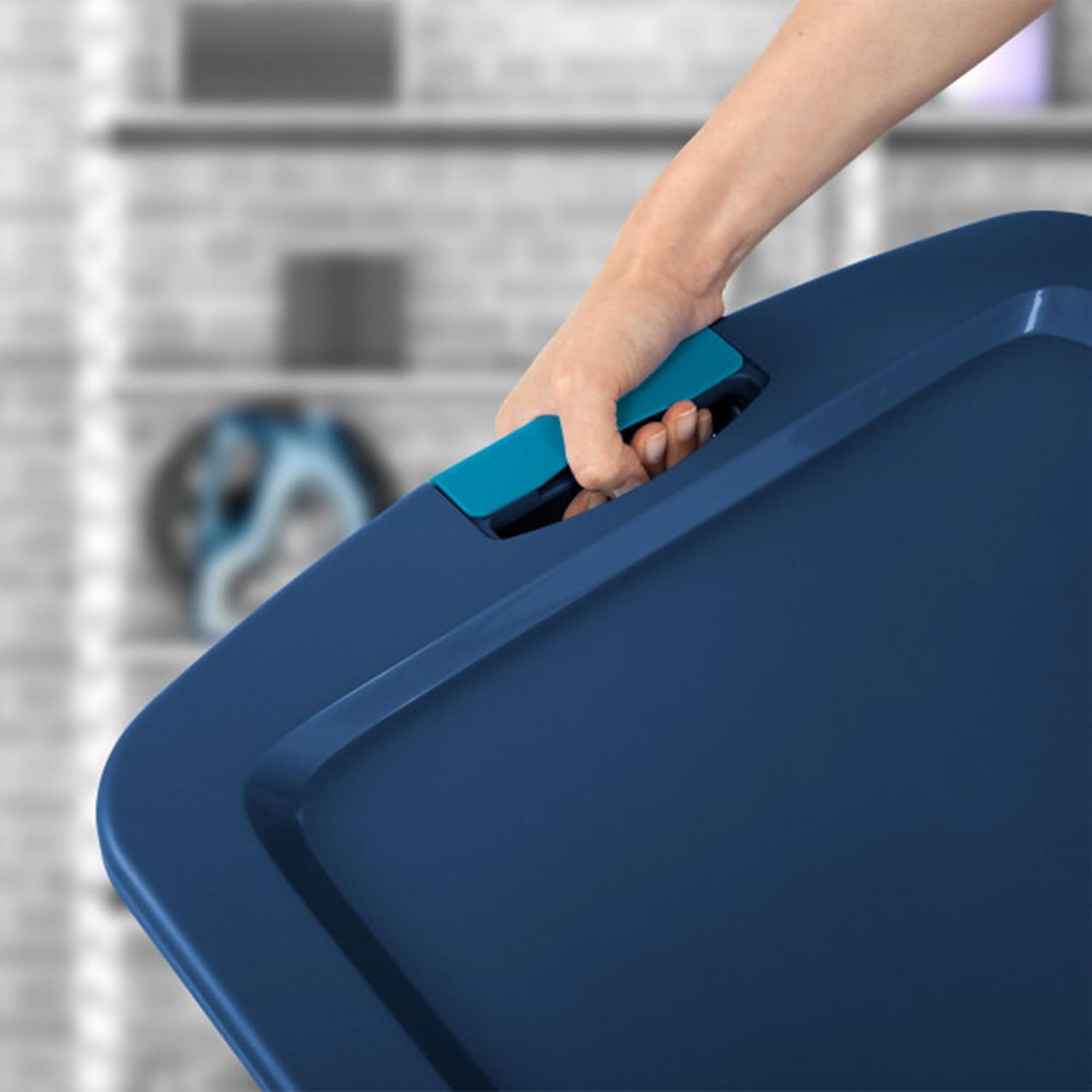 Sterilite 18 Gal Latch and Carry, Stackable Storage Bin with Latching Lid, Plastic Container to Organize Closets, Clear with Blue, 6-Pack detail 14