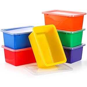 Nicunom 6 Pack Small Cubby Bins Storage Bins with Lids, 5 Qt Plastic Storage Bins Colorful Toy Storage Containers, Stackable Organizer Cubbies for Classroom Home detail 4
