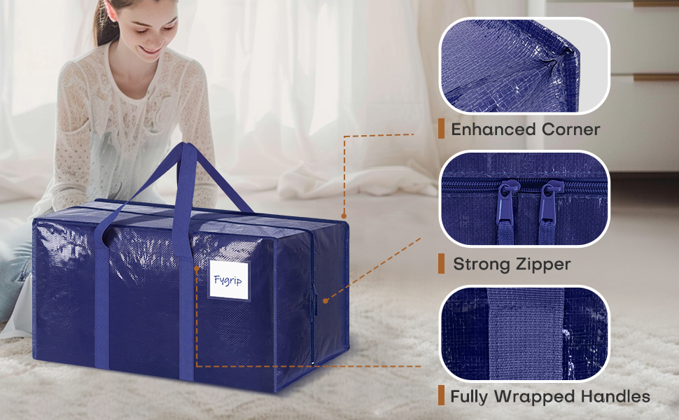 6 Pack Extra Heavy Duty Large Moving Bags with Strong Zipper & Comfortable Handles, Sturdy & Durable Clothes Storage Bags Totes Bins, Blue Packing Moving Boxes for College Supplies, Dark Blue detail 2