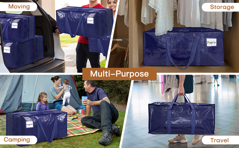 6 Pack Extra Heavy Duty Large Moving Bags with Strong Zipper & Comfortable Handles, Sturdy & Durable Clothes Storage Bags Totes Bins, Blue Packing Moving Boxes for College Supplies, Dark Blue detail 6