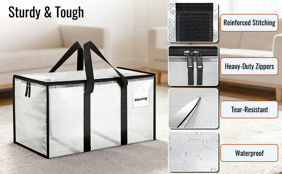 8 Pack Extra Large Heavy Duty Moving Bags, Clear Storage Bins with Lids, Reinforced Handles & Heavy-Duty Zippers Moving Boxes Storage Bags Totes for Clothes Packing, Dorms, College Supplies, Clear detail 2