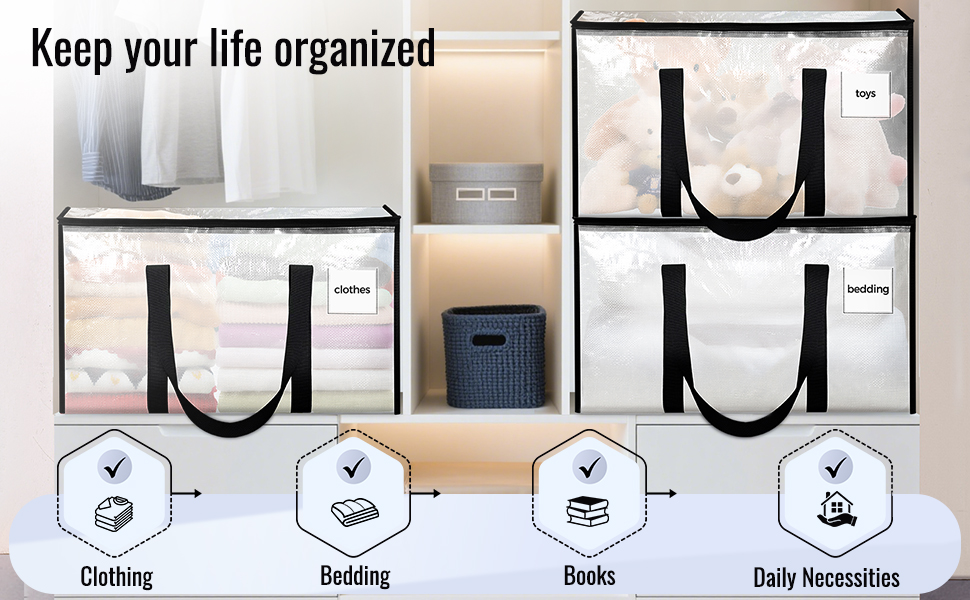 8 Pack Extra Large Heavy Duty Moving Bags, Clear Storage Bins with Lids, Reinforced Handles & Heavy-Duty Zippers Moving Boxes Storage Bags Totes for Clothes Packing, Dorms, College Supplies, Clear detail 6