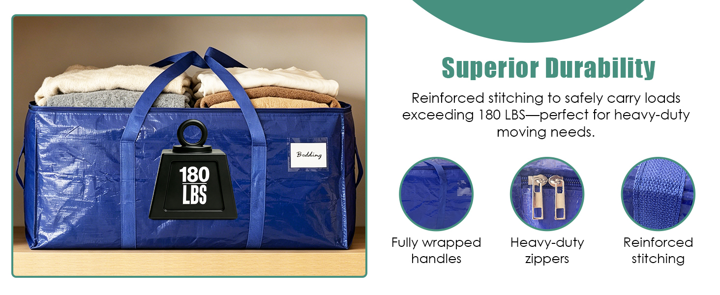8 Pack Extra Heavy Duty Large Moving Bags with Strong Zipper & Carrying Handles, Sturdy Clothes Storage Bags Totes Bins, Packing Bag Move Boxes College Moving Supplies, Dark Blue - 24 gal detail 3
