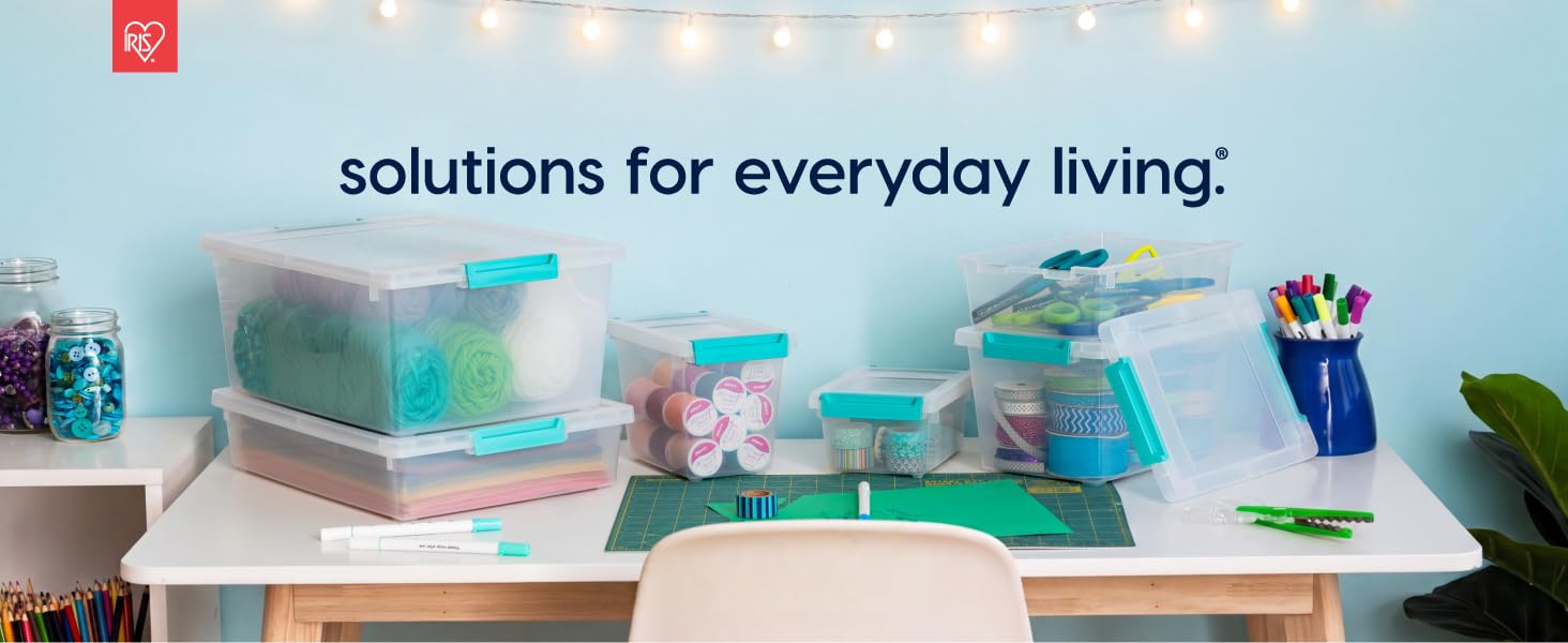 IRIS USA 12 Qt. Craft Storage Bins with Lids, 4-Pack, |Made in USA|, Clip Box, Medium Plastic Sensory Bin Tote Organizer Containers for Art Supplies, Paper, & Office, Stackable - Clear/Seafoam Blue detail 1