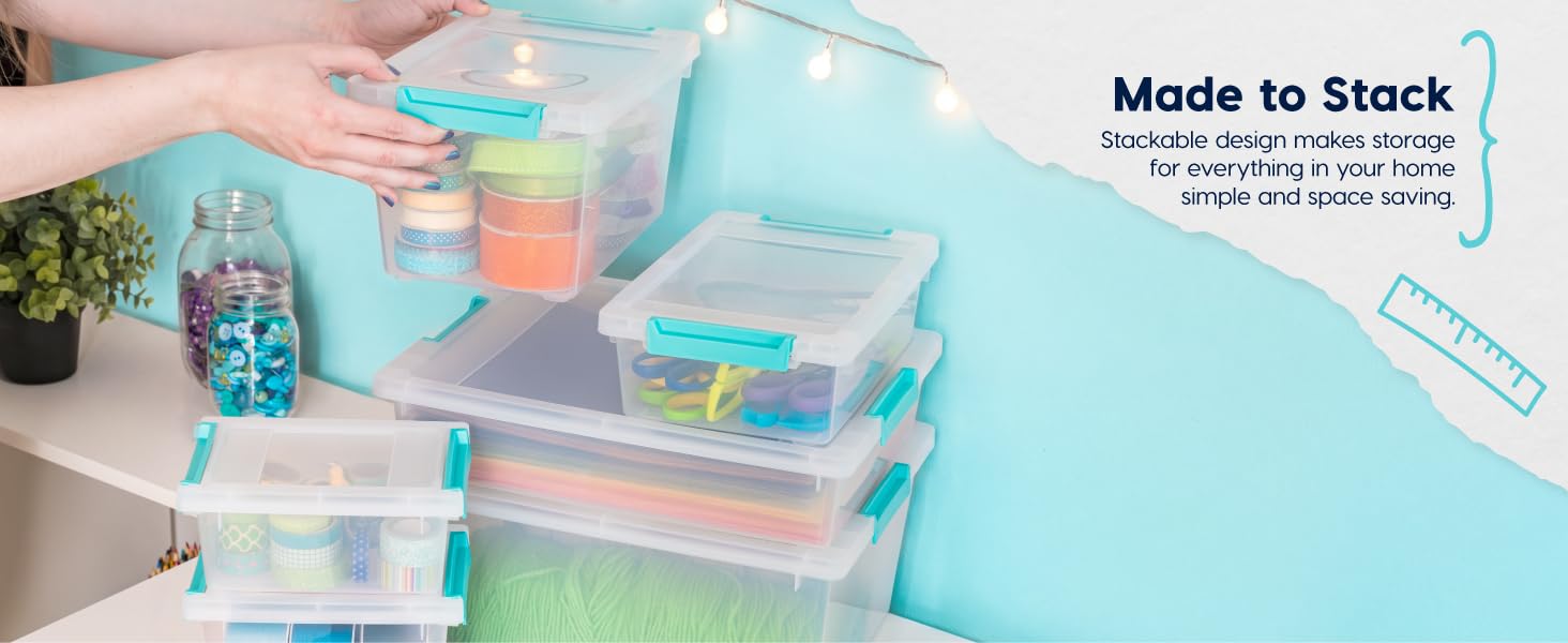 IRIS USA 12 Qt. Craft Storage Bins with Lids, 4-Pack, |Made in USA|, Clip Box, Medium Plastic Sensory Bin Tote Organizer Containers for Art Supplies, Paper, & Office, Stackable - Clear/Seafoam Blue detail 2