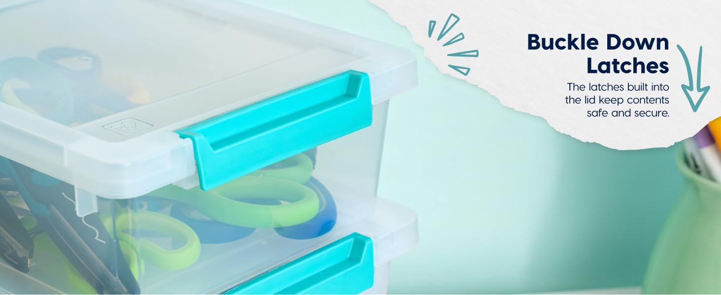 IRIS USA 12 Qt. Craft Storage Bins with Lids, 4-Pack, |Made in USA|, Clip Box, Medium Plastic Sensory Bin Tote Organizer Containers for Art Supplies, Paper, & Office, Stackable - Clear/Seafoam Blue detail 3