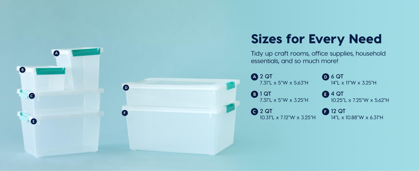 IRIS USA 12 Qt. Craft Storage Bins with Lids, 4-Pack, |Made in USA|, Clip Box, Medium Plastic Sensory Bin Tote Organizer Containers for Art Supplies, Paper, & Office, Stackable - Clear/Seafoam Blue detail 5