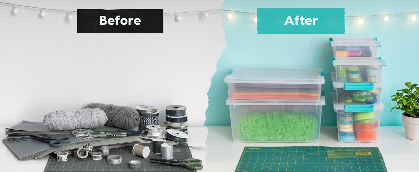 IRIS USA 12 Qt. Craft Storage Bins with Lids, 4-Pack, |Made in USA|, Clip Box, Medium Plastic Sensory Bin Tote Organizer Containers for Art Supplies, Paper, & Office, Stackable - Clear/Seafoam Blue detail 6