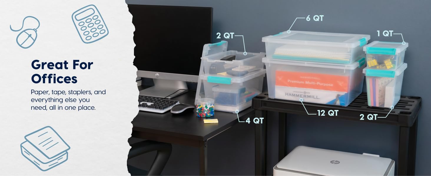 IRIS USA 12 Qt. Craft Storage Bins with Lids, 4-Pack, |Made in USA|, Clip Box, Medium Plastic Sensory Bin Tote Organizer Containers for Art Supplies, Paper, & Office, Stackable - Clear/Seafoam Blue detail 7