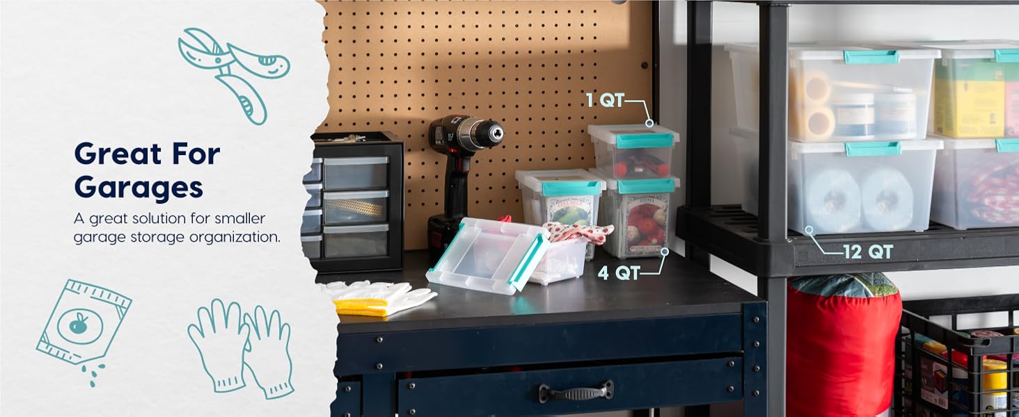 IRIS USA 12 Qt. Craft Storage Bins with Lids, 4-Pack, |Made in USA|, Clip Box, Medium Plastic Sensory Bin Tote Organizer Containers for Art Supplies, Paper, & Office, Stackable - Clear/Seafoam Blue detail 8