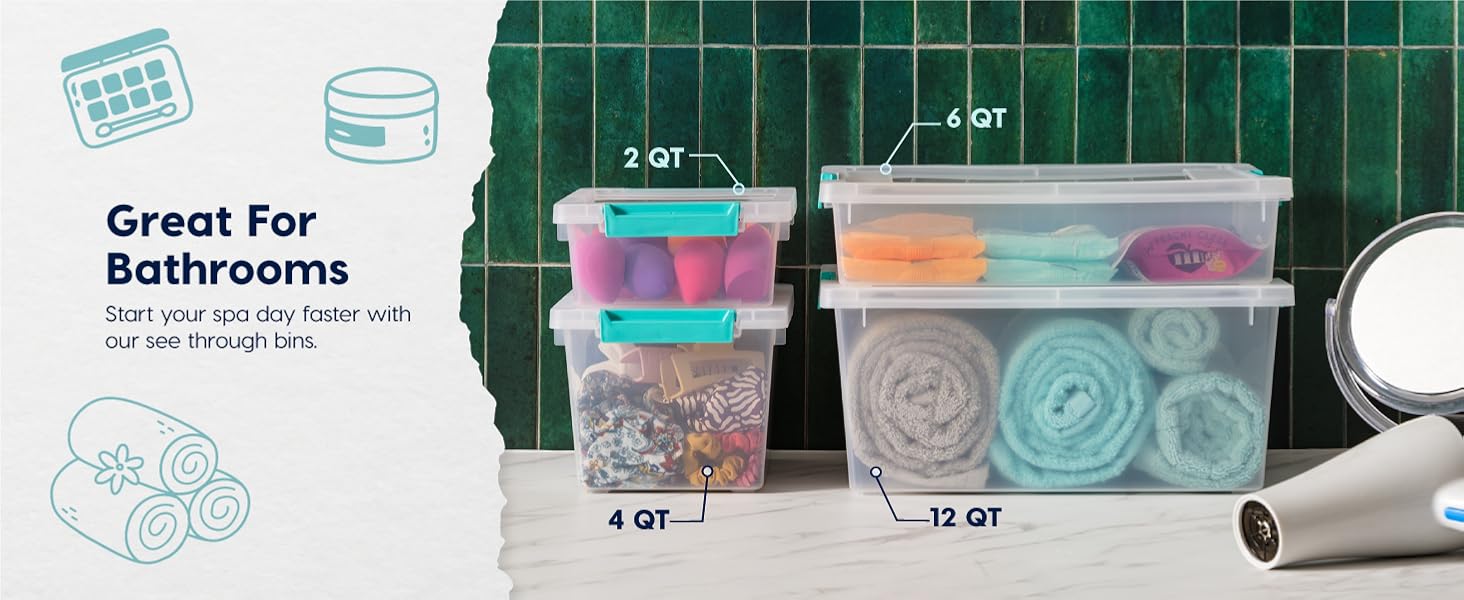 IRIS USA 12 Qt. Craft Storage Bins with Lids, 4-Pack, |Made in USA|, Clip Box, Medium Plastic Sensory Bin Tote Organizer Containers for Art Supplies, Paper, & Office, Stackable - Clear/Seafoam Blue detail 9