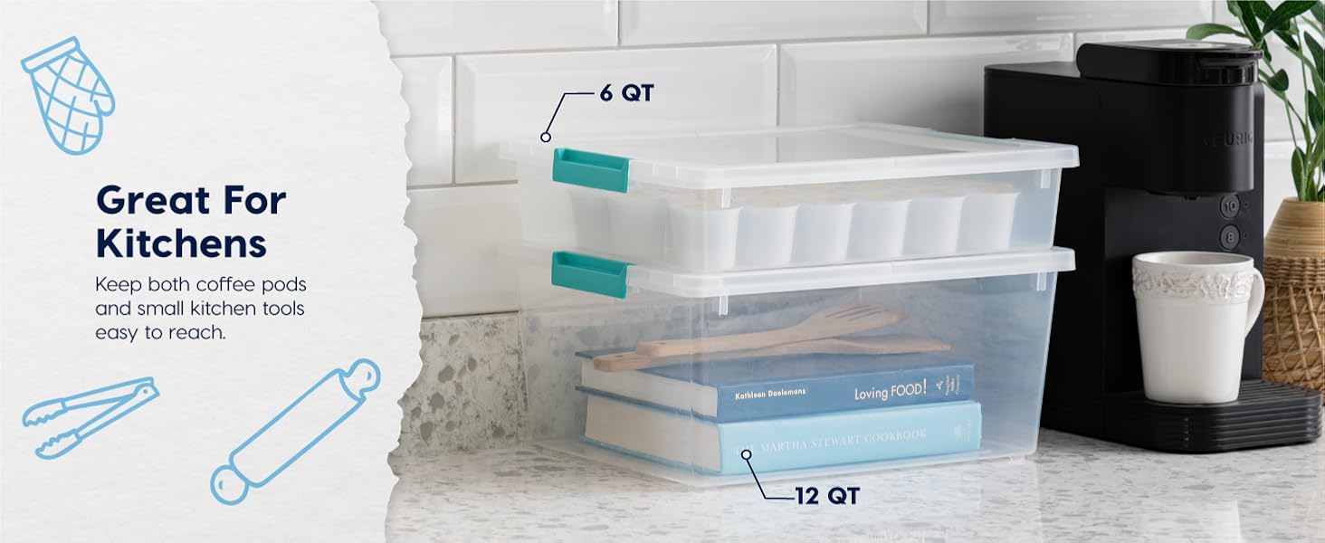 IRIS USA 12 Qt. Craft Storage Bins with Lids, 4-Pack, |Made in USA|, Clip Box, Medium Plastic Sensory Bin Tote Organizer Containers for Art Supplies, Paper, & Office, Stackable - Clear/Seafoam Blue detail 10
