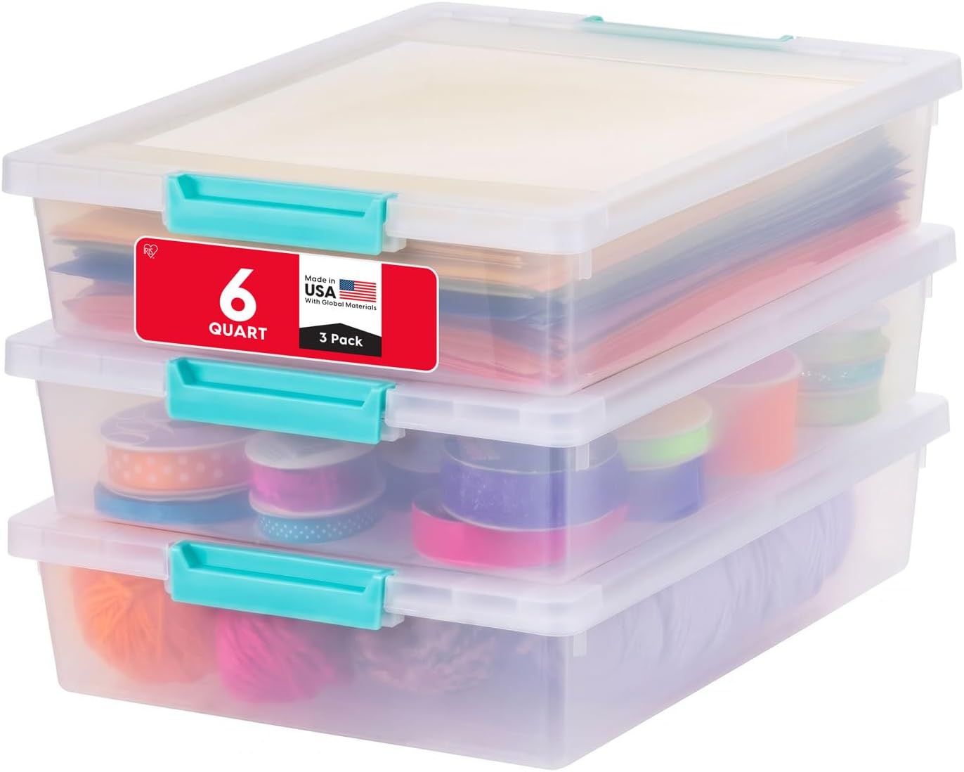IRIS USA 12 Qt. Craft Storage Bins with Lids, 4-Pack, |Made in USA|, Clip Box, Medium Plastic Sensory Bin Tote Organizer Containers for Art Supplies, Paper, & Office, Stackable - Clear/Seafoam Blue detail 14
