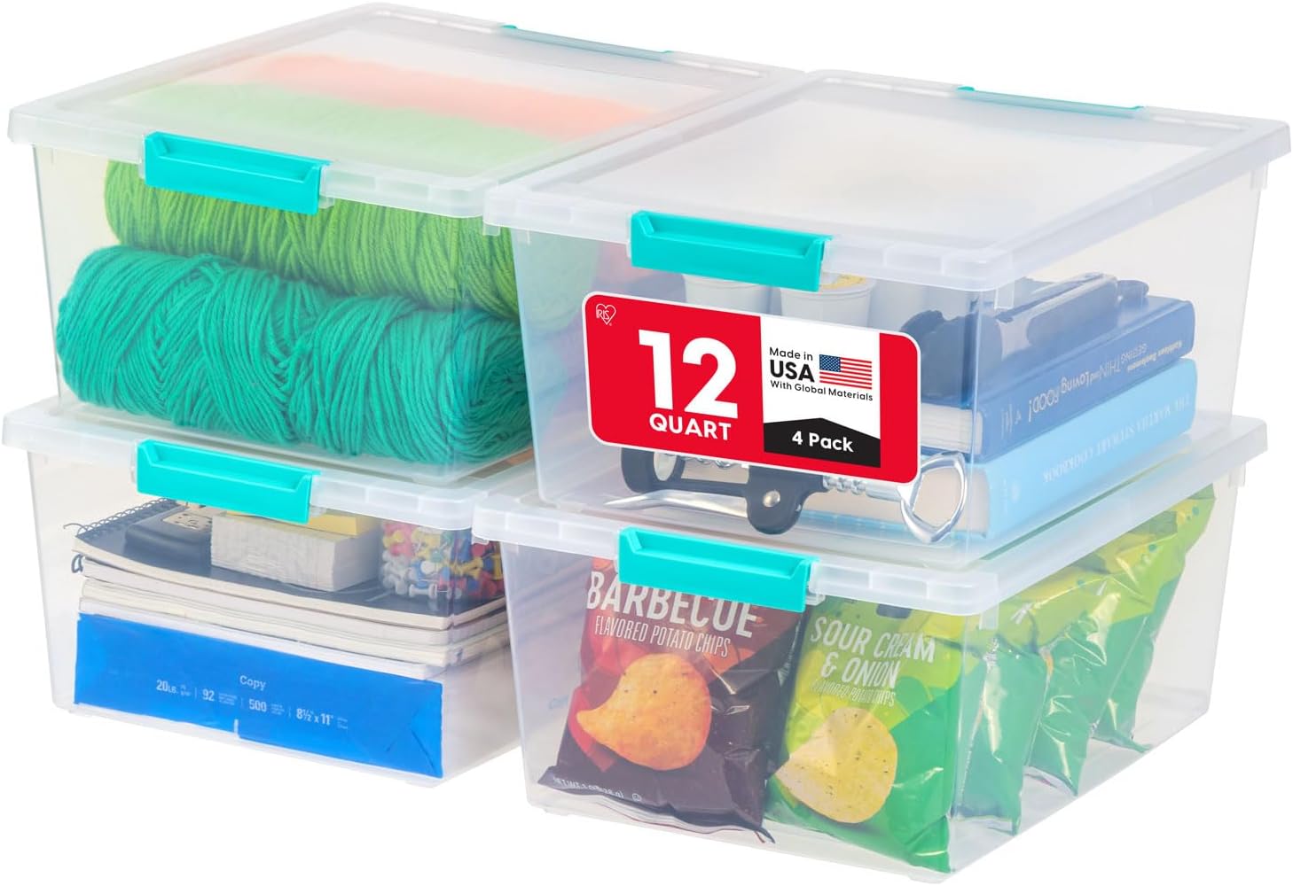 IRIS USA 12 Qt. Craft Storage Bins with Lids, 4-Pack, |Made in USA|, Clip Box, Medium Plastic Sensory Bin Tote Organizer Containers for Art Supplies, Paper, & Office, Stackable - Clear/Seafoam Blue detail 16