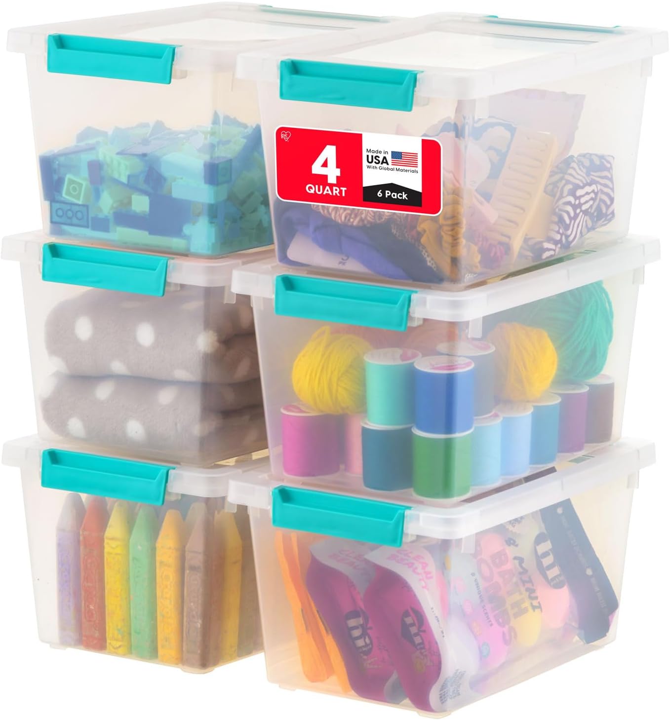 IRIS USA 12 Qt. Craft Storage Bins with Lids, 4-Pack, |Made in USA|, Clip Box, Medium Plastic Sensory Bin Tote Organizer Containers for Art Supplies, Paper, & Office, Stackable - Clear/Seafoam Blue detail 17