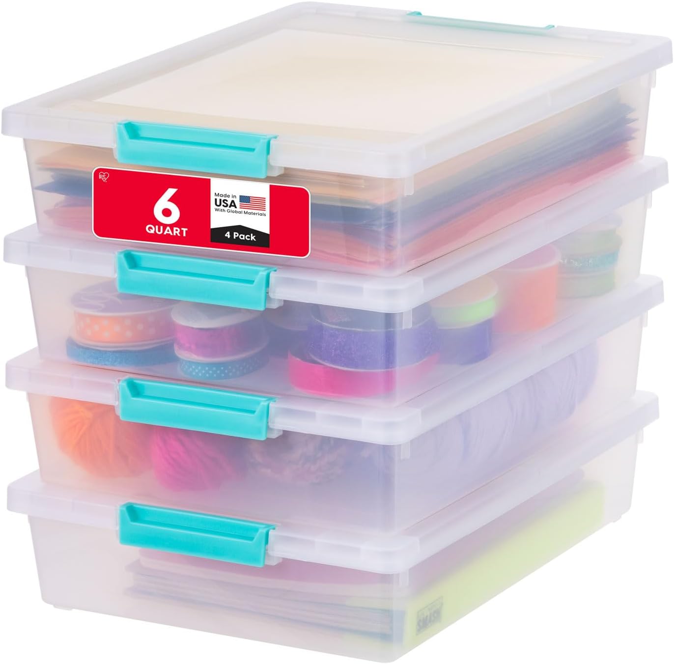 IRIS USA 12 Qt. Craft Storage Bins with Lids, 4-Pack, |Made in USA|, Clip Box, Medium Plastic Sensory Bin Tote Organizer Containers for Art Supplies, Paper, & Office, Stackable - Clear/Seafoam Blue detail 18