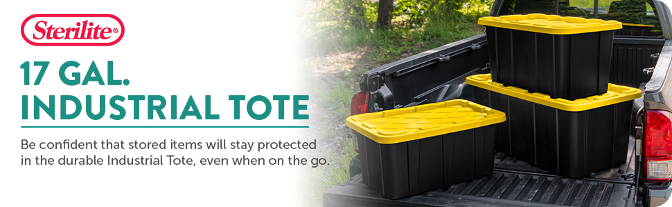 Sterilite 17 Gal Industrial Tote, Stackable Storage Bin with Snap-Fit Lid for Garage, Basement & Attic Storage, Black Base and Yellow Lily Lid, 6-Pack detail 1