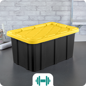 Sterilite 17 Gal Industrial Tote, Stackable Storage Bin with Snap-Fit Lid for Garage, Basement & Attic Storage, Black Base and Yellow Lily Lid, 6-Pack detail 2