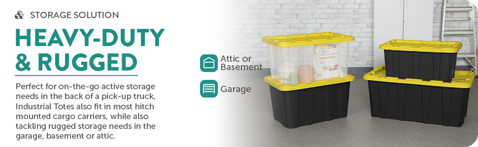 Sterilite 17 Gal Industrial Tote, Stackable Storage Bin with Snap-Fit Lid for Garage, Basement & Attic Storage, Black Base and Yellow Lily Lid, 6-Pack detail 5