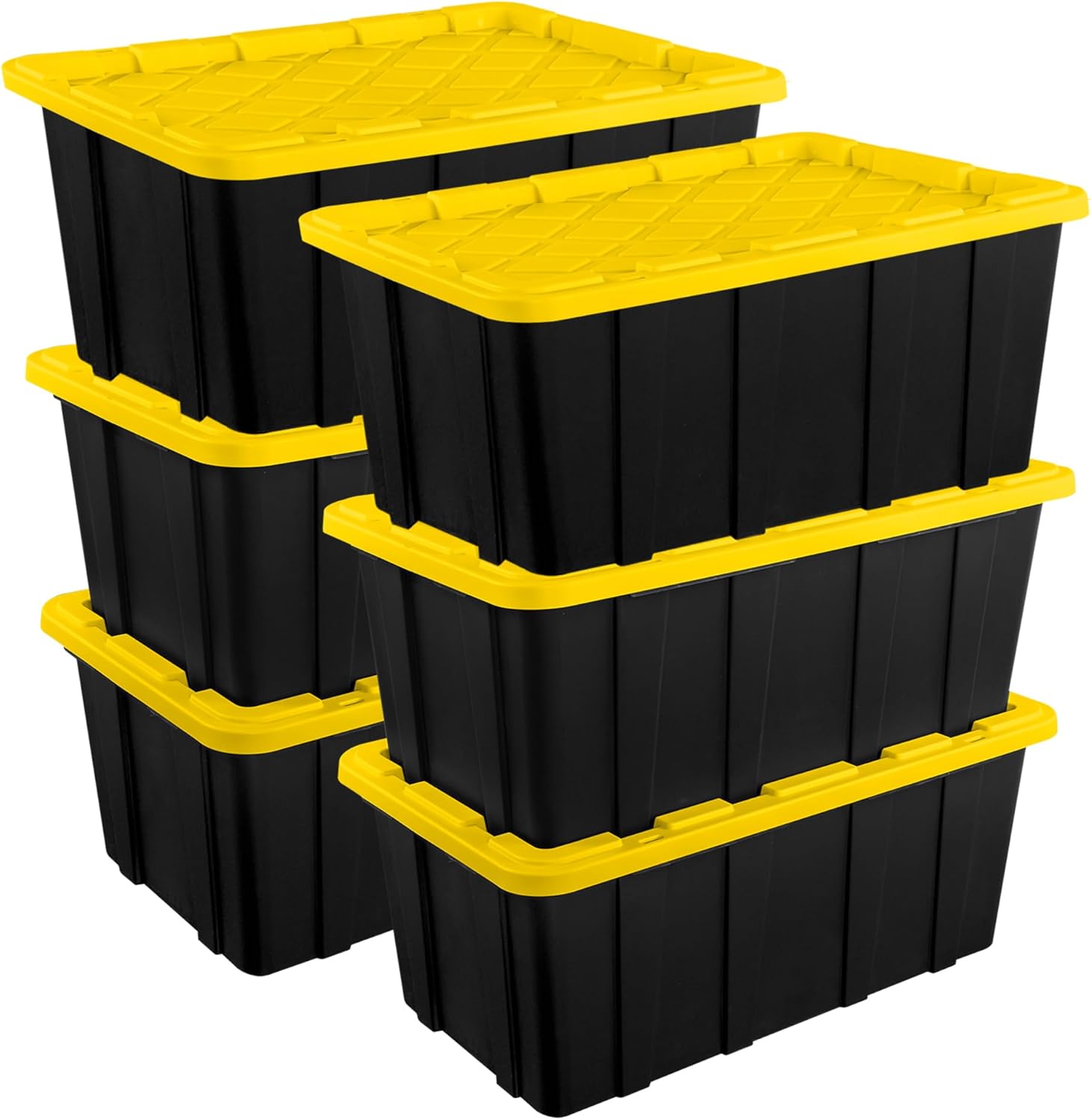 Sterilite 17 Gal Industrial Tote, Stackable Storage Bin with Snap-Fit Lid for Garage, Basement & Attic Storage, Black Base and Yellow Lily Lid, 6-Pack detail 7