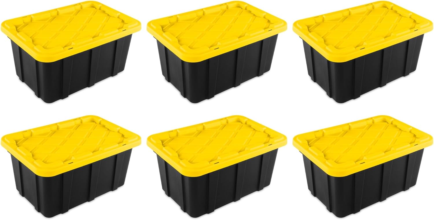 Sterilite 17 Gal Industrial Tote, Stackable Storage Bin with Snap-Fit Lid for Garage, Basement & Attic Storage, Black Base and Yellow Lily Lid, 6-Pack detail 8