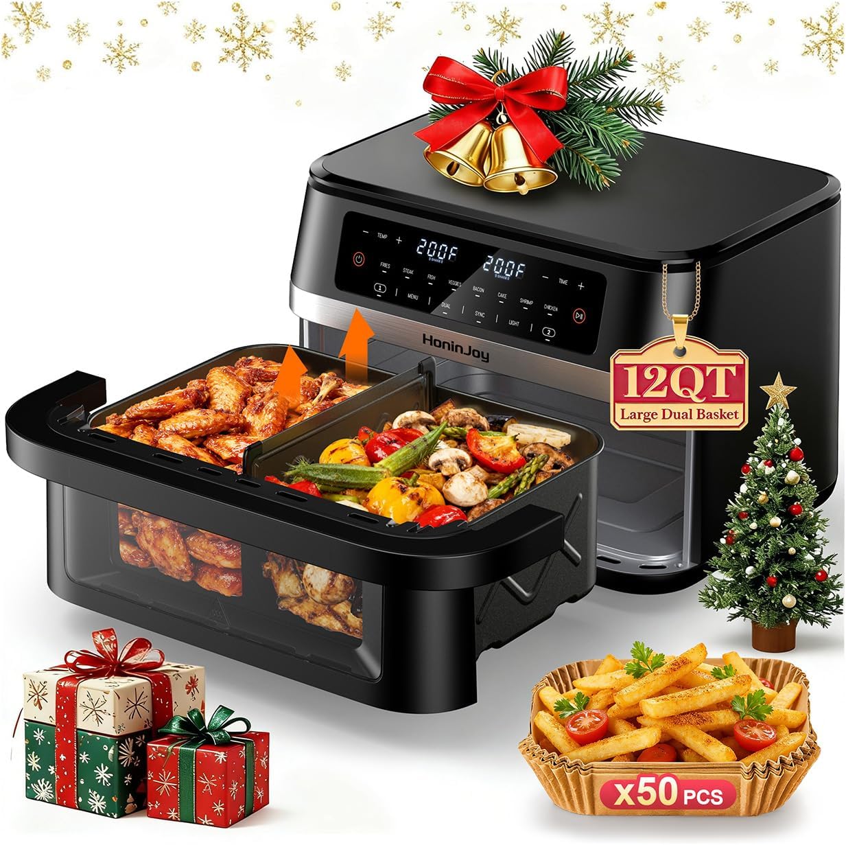 12QT Large Dual Basket Air Fryer with Viewing Window and 50pcs Paper Liners,