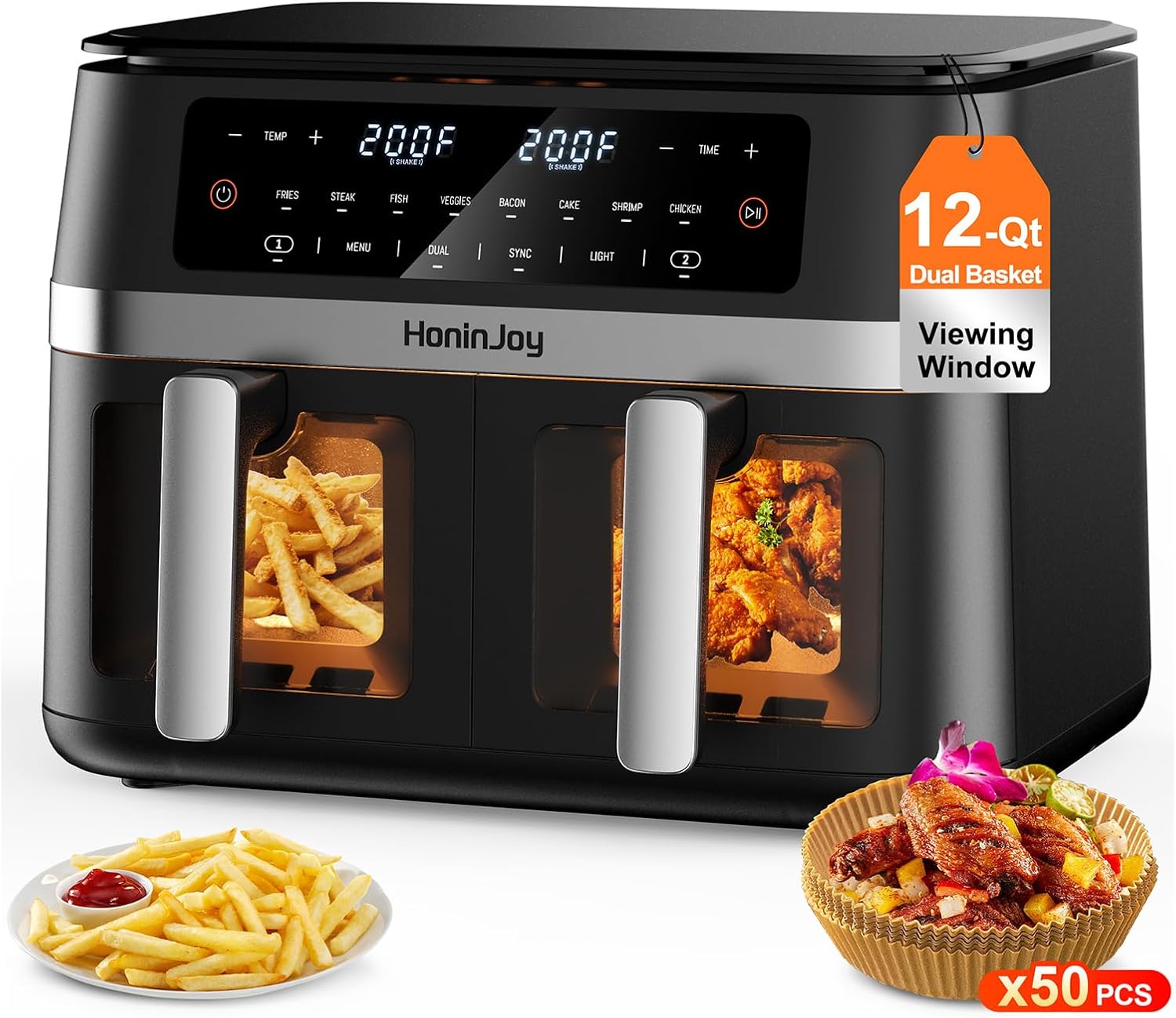 12QT Large Dual Basket Air Fryer with Viewing Window and 50pcs Paper Liners, - View 3
