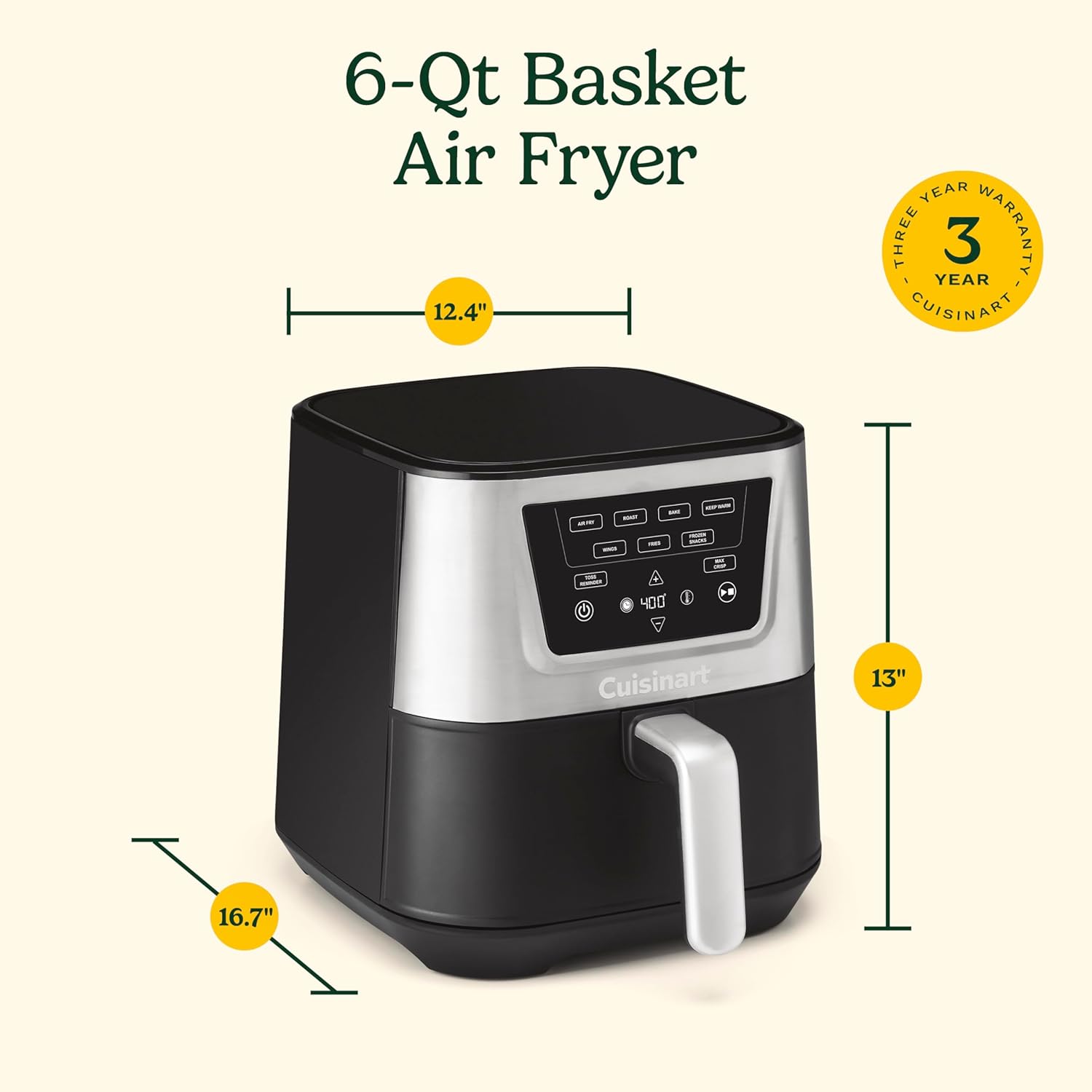 Cuisinart Air Fryer, Large 6-Quart Basket with 4 Cooking Functions to Air Fry, - View 3