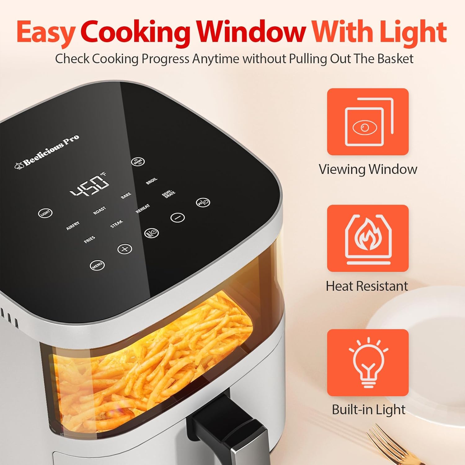 Air Fryer, Beelicious 8-in-1 Smart Compact 4QT Air Fryers with Viewing Window, - View 3