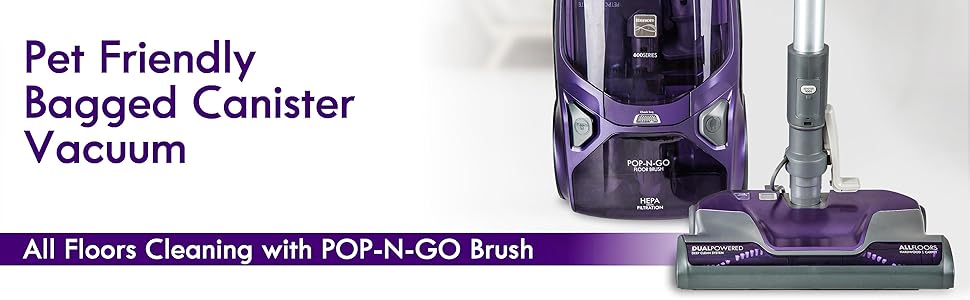 Kenmore 600 Series Pet Friendly Lightweight Bagged Canister Vacuum with Pet PowerMate, Pop-N-Go Brush, 2 Motors, HEPA Filter, Aluminum Telescoping Wand, Retractable Cord and 4 Cleaning Tools, Purple detail 1