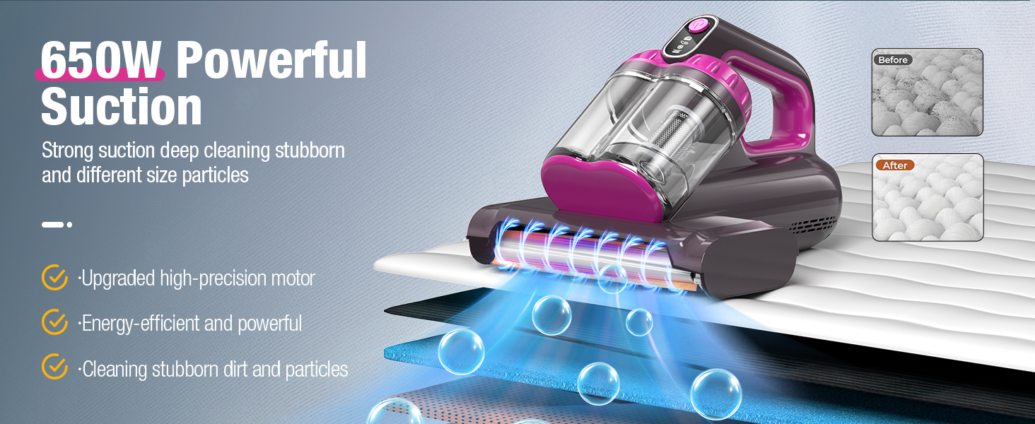 BYHUME Mattress Vacuum Cleaner, 17Kpa Bed Vacuum Cleaner, 273nm UV-C Light & Ultrasonic 145°F Heating, 80000 RPM/Min Brushroll Rotation, Wide Suction Port for Pillows Cribs Sofa, Black Corded detail 1