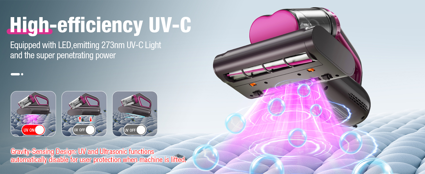BYHUME Mattress Vacuum Cleaner, 17Kpa Bed Vacuum Cleaner, 273nm UV-C Light & Ultrasonic 145°F Heating, 80000 RPM/Min Brushroll Rotation, Wide Suction Port for Pillows Cribs Sofa, Black Corded detail 2