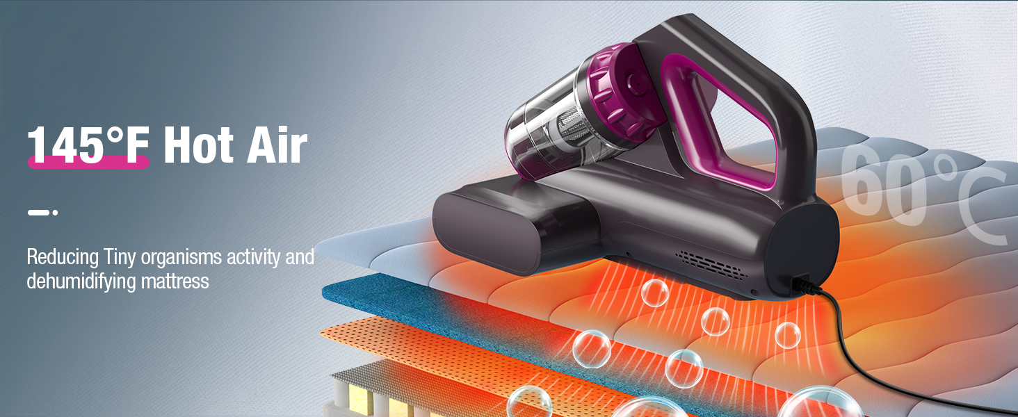 BYHUME Mattress Vacuum Cleaner, 17Kpa Bed Vacuum Cleaner, 273nm UV-C Light & Ultrasonic 145°F Heating, 80000 RPM/Min Brushroll Rotation, Wide Suction Port for Pillows Cribs Sofa, Black Corded detail 5