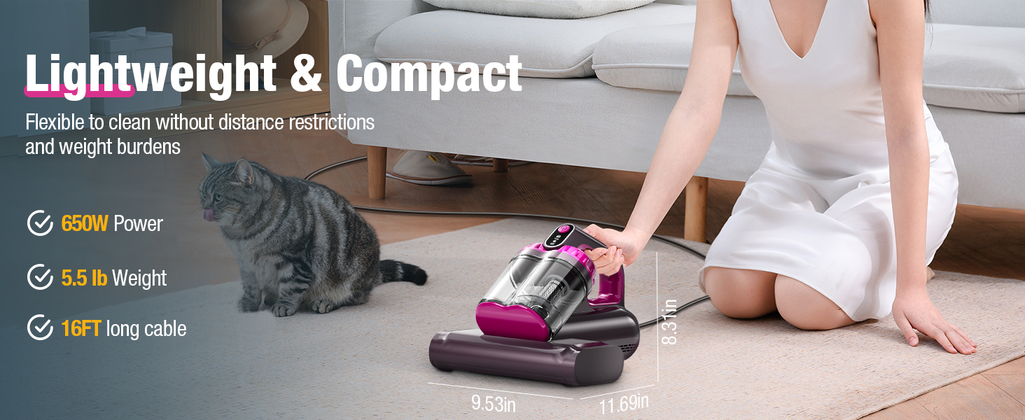 BYHUME Mattress Vacuum Cleaner, 17Kpa Bed Vacuum Cleaner, 273nm UV-C Light & Ultrasonic 145°F Heating, 80000 RPM/Min Brushroll Rotation, Wide Suction Port for Pillows Cribs Sofa, Black Corded detail 9