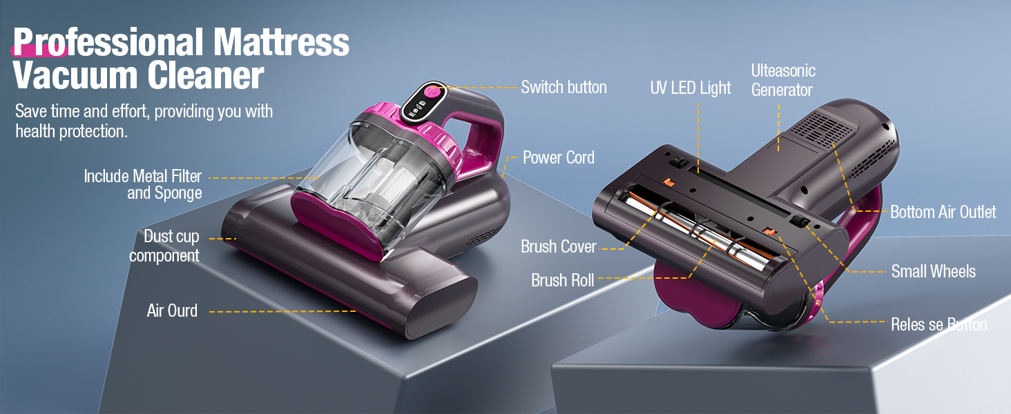 BYHUME Mattress Vacuum Cleaner, 17Kpa Bed Vacuum Cleaner, 273nm UV-C Light & Ultrasonic 145°F Heating, 80000 RPM/Min Brushroll Rotation, Wide Suction Port for Pillows Cribs Sofa, Black Corded detail 10