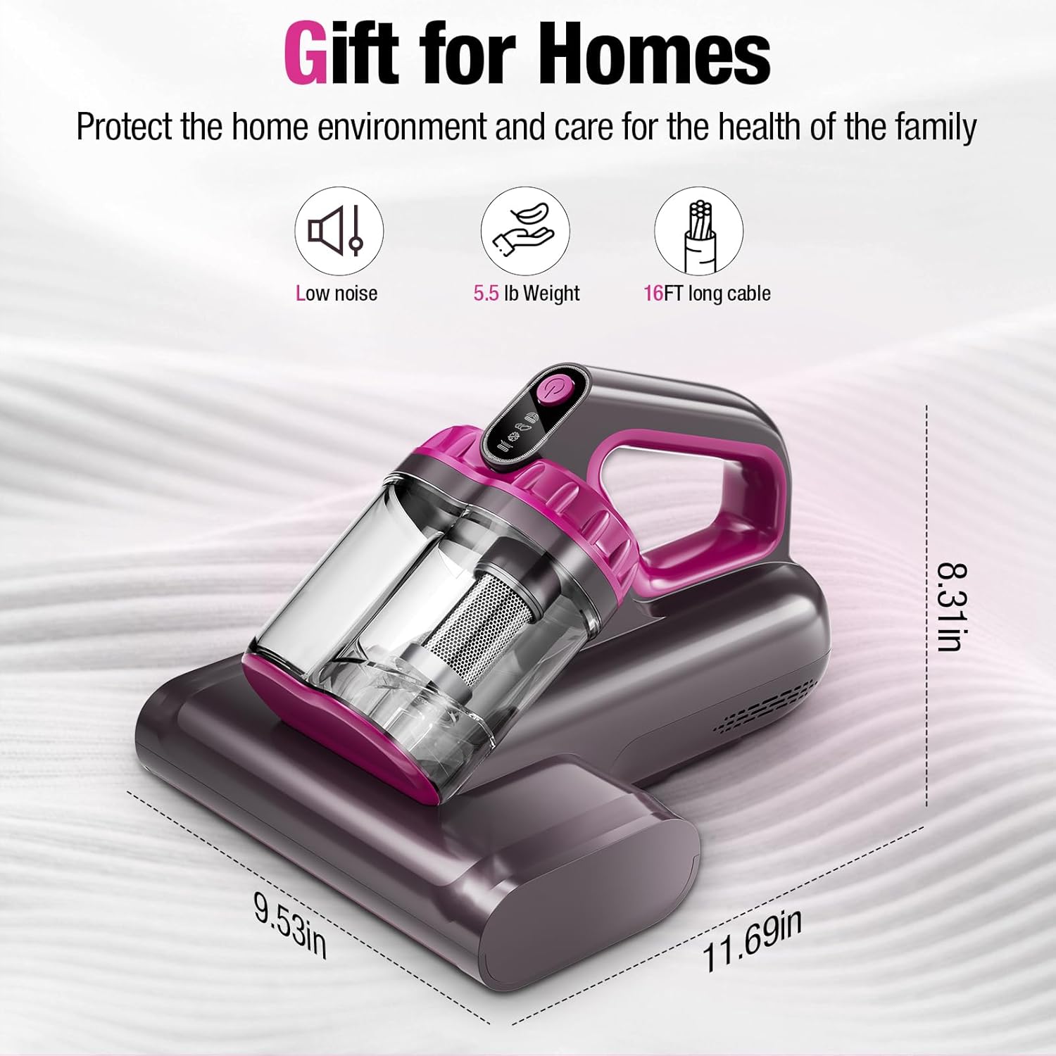 BYHUME Mattress Vacuum Cleaner, 17Kpa Bed Vacuum Cleaner, 273nm UV-C Light & Ultrasonic 145°F Heating, 80000 RPM/Min Brushroll Rotation, Wide Suction Port for Pillows Cribs Sofa, Black Corded detail 15