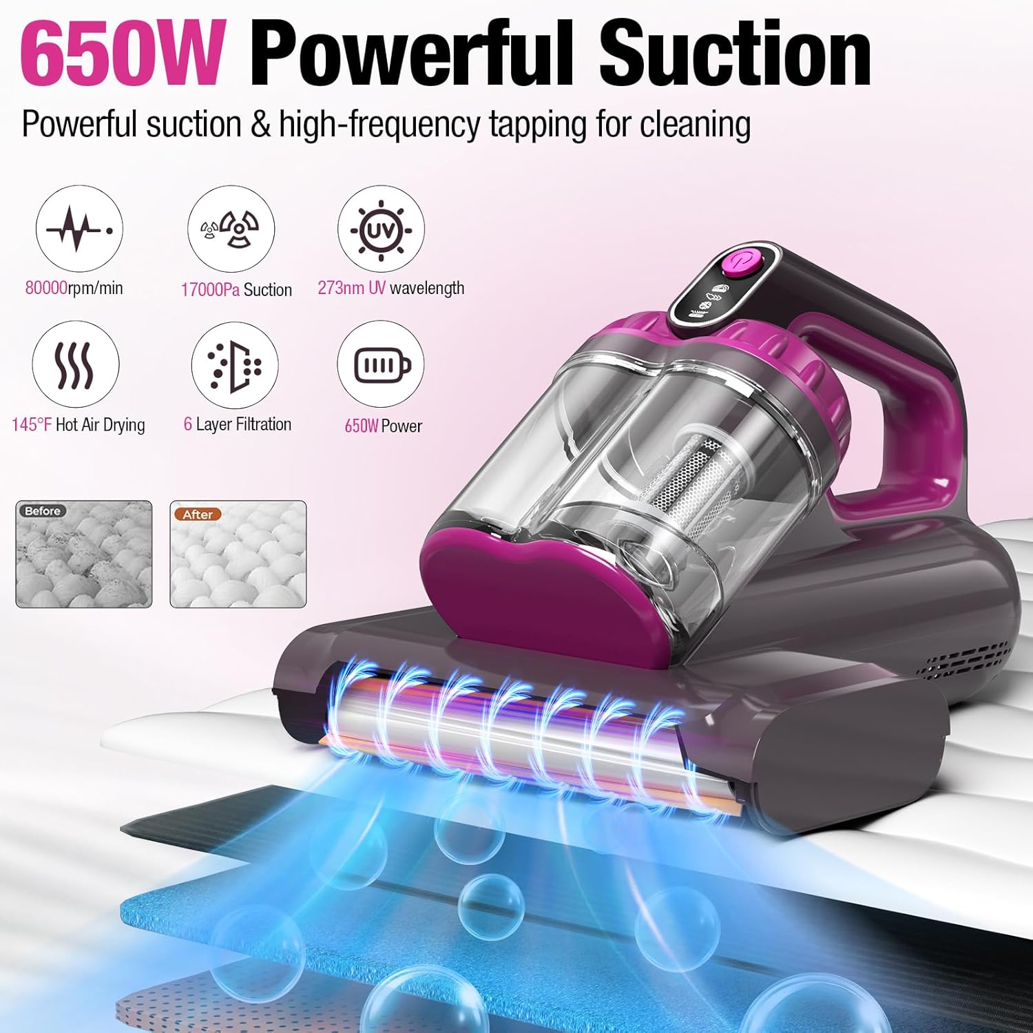 BYHUME Mattress Vacuum Cleaner, 17Kpa Bed Vacuum Cleaner, 273nm UV-C Light & Ultrasonic 145°F Heating, 80000 RPM/Min Brushroll Rotation, Wide Suction Port for Pillows Cribs Sofa, Black Corded detail 16
